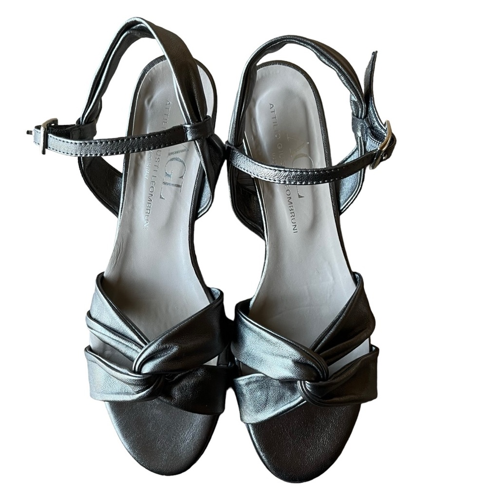 AGL Attilio Giusti Leombruni, Silver Leather Sandals Wedge Ankle Strap Size 39